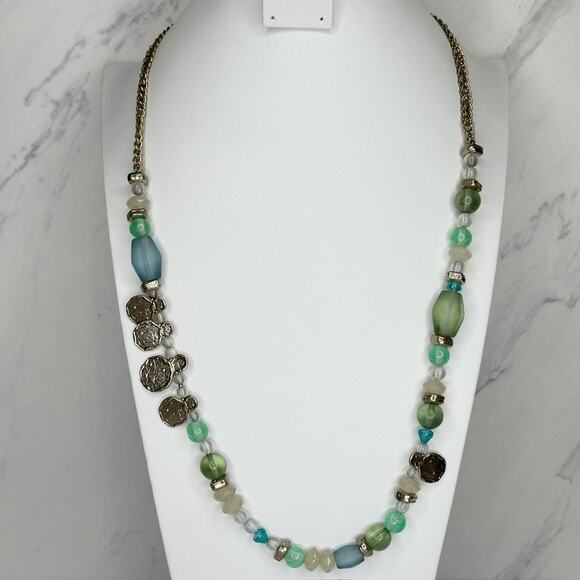 Chico's Chunky Blue Green Beaded Gold Tone Long Statement Necklace ✨ - Picture 1 of 11